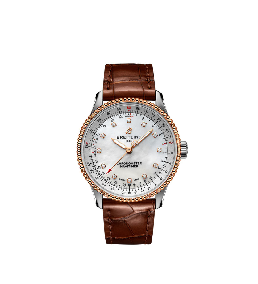 Montre Breitling Navitimer Automatic cadran nacre blanche index diamants bracelet en cuir d'alligator brun 35mm