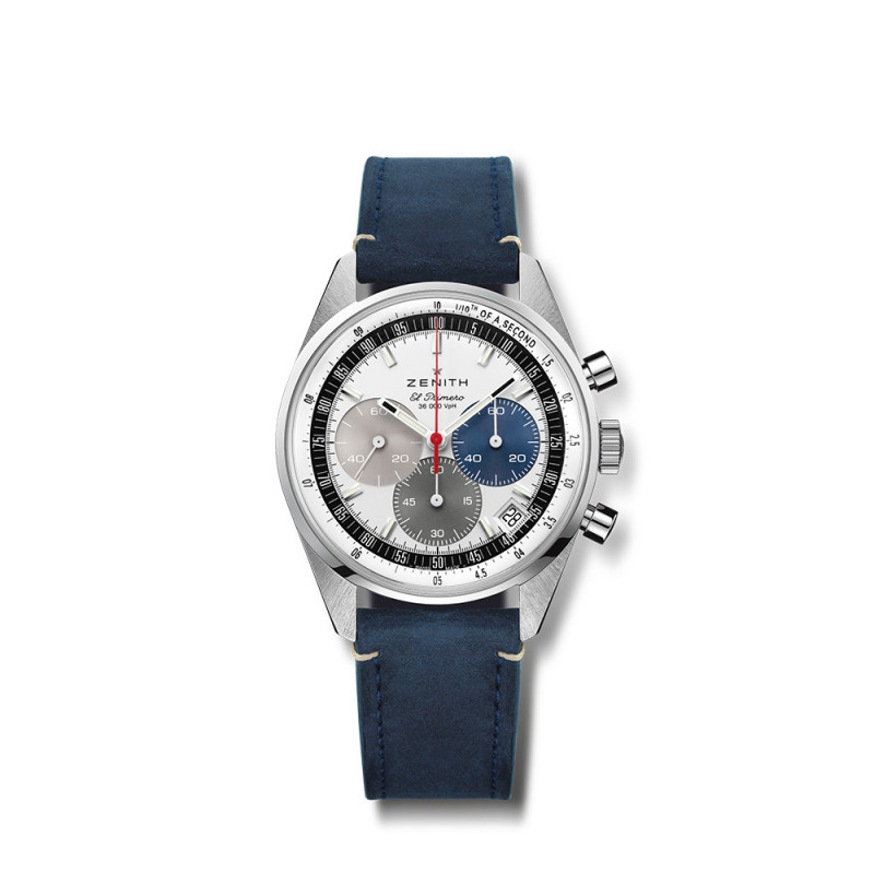 Montre Zenith Chronomaster Original 38mm Acier Cadran Blanc Bracelet Cuir Bleu