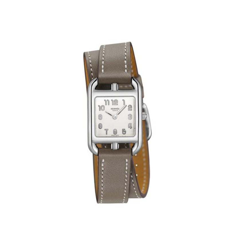 Montre Hermès Cape Cod quartz cadran argenté opalin bracelet en cuir de veau Swift étoupe PM 31 mm