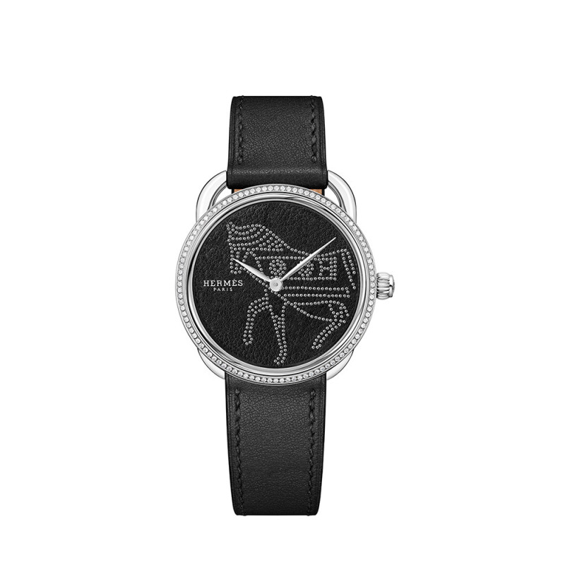 Montre Hermès Arceau Horse quartz boîtier acier bracelet en cuir de veau noir Barénia noir GM 36 mm
