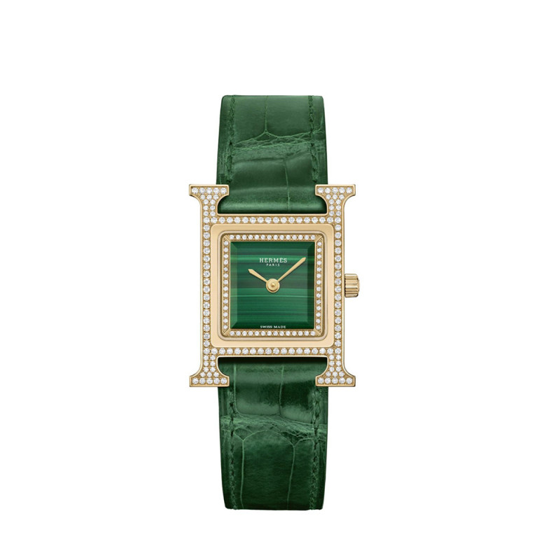 Montre Hermès Heure H quartz cadran en malachite serti bracelet en cuir d'alligator lisse vert MM 25 mm