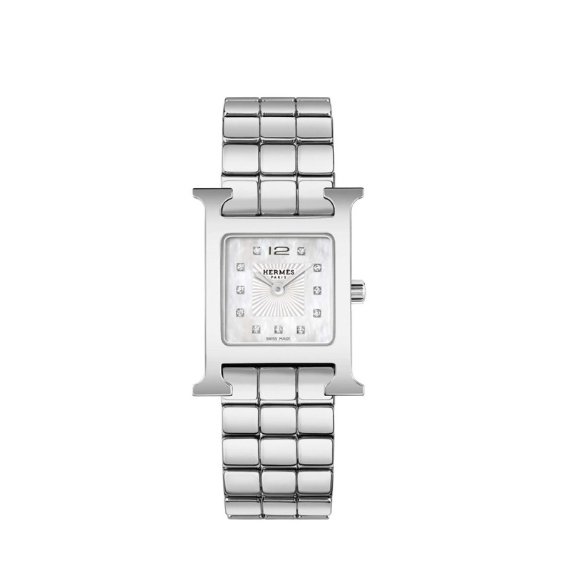Montre Hermès Heure H quartz cadran nacre blanche boîtier acier bracelet en acier MM 21 mm