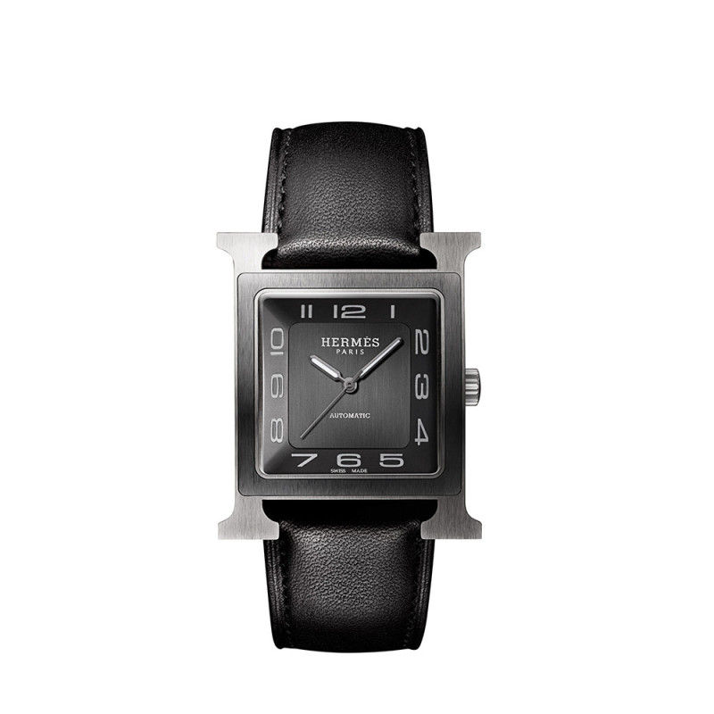 Montre Hermès Heure H automatique cadran noir bracelet en cuir de veau Barénia noir 34 mm