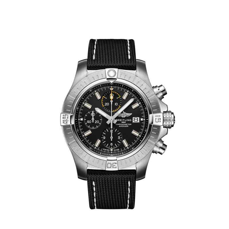 Montre Breitling Avenger Chronograph automatique cadran noir bracelet en cuir de veau anthracite 45mm