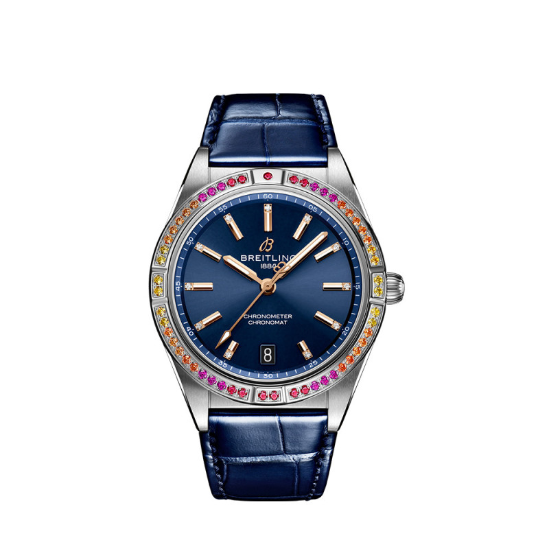 Montre Breitling Chronomat Automatic South Sea cadran bleu nuit index diamants bracelet en cuir d'alligator bleu 36 mm
