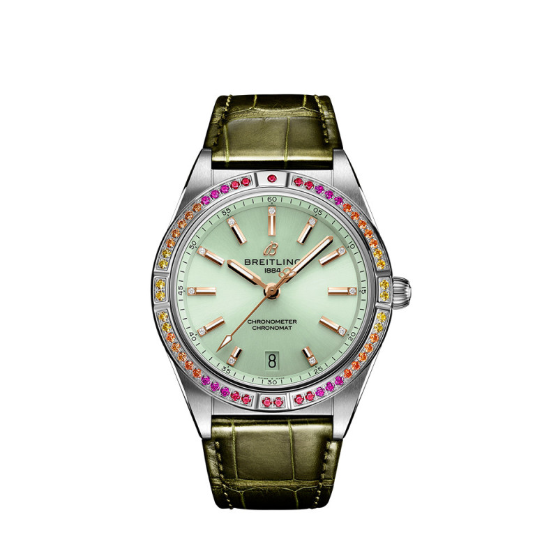 Montre Breitling Chronomat Automatic South Sea cadran vert menthe index diamants bracelet en cuir d'alligator vert 36 mm