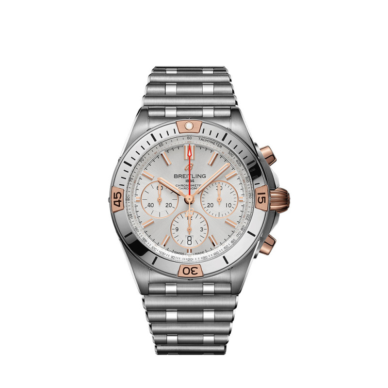 Montre Breitling Chronomat B01 automatique cadran argent bracelet rouleaux acier 42 mm