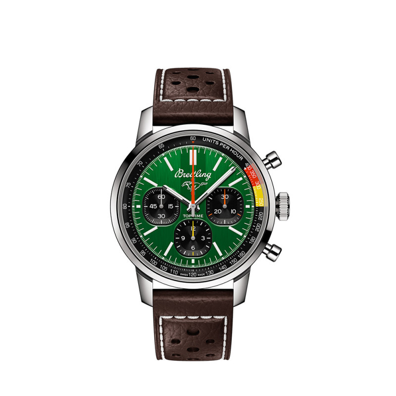 Montre Breitling Top Time B01 Ford Mustang automatique cadran vert bracelet en cuir de veau marron perforé 41 mm