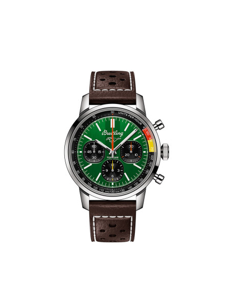 Montre Breitling Top Time B01 Ford Mustang automatique cadran vert bracelet en cuir de veau marron perforé 41 mm