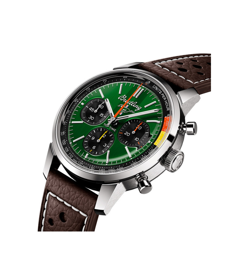 Montre Breitling Top Time B01 Ford Mustang automatique cadran vert bracelet en cuir de veau marron perforé 41 mm