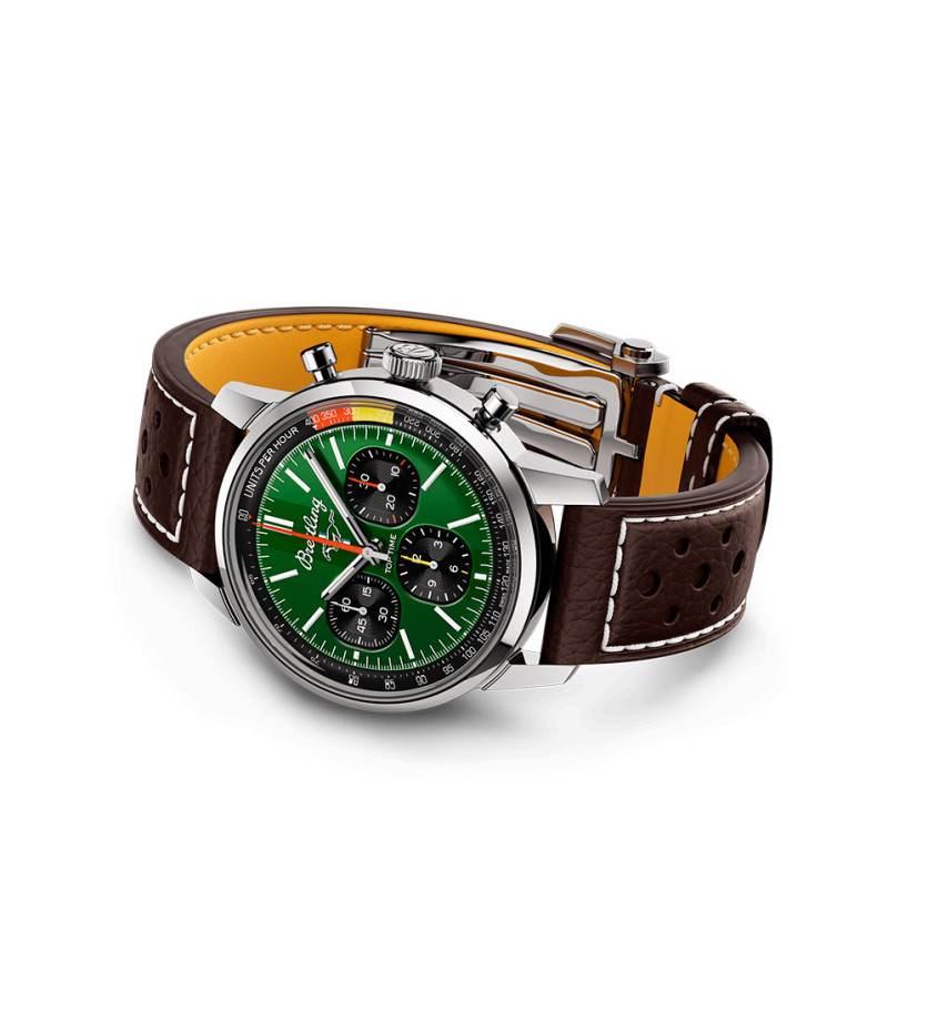 Montre Breitling Top Time B01 Ford Mustang automatique cadran vert bracelet en cuir de veau marron perforé 41 mm