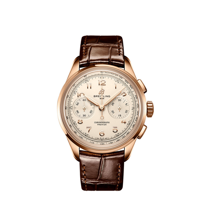 Montre Breitling Premier B09 Chronograph manuel cadran argent bracelet en cuir d'alligator brun 40 mm