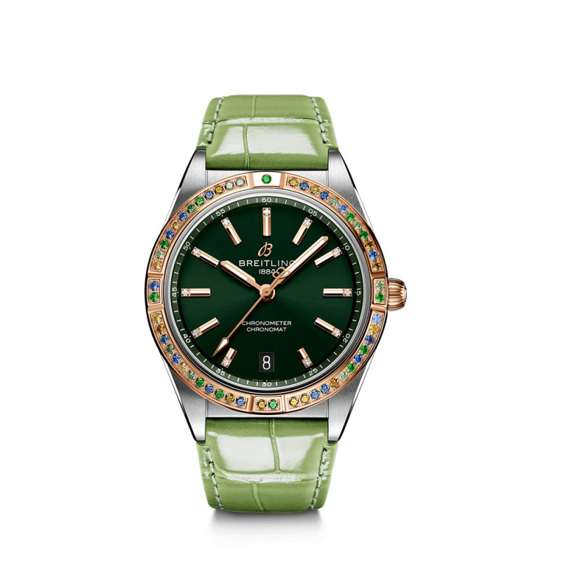 Montre Breitling Chronomat South Sea Capsule automatique cadran vert index diamants bracelet en cuir d'alligator vert 36 mm