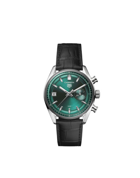 Montre TAG Heuer Carrera Chronograph automatique cadran vert sarcelle bracelet cuir d'alligator noir 39 mm