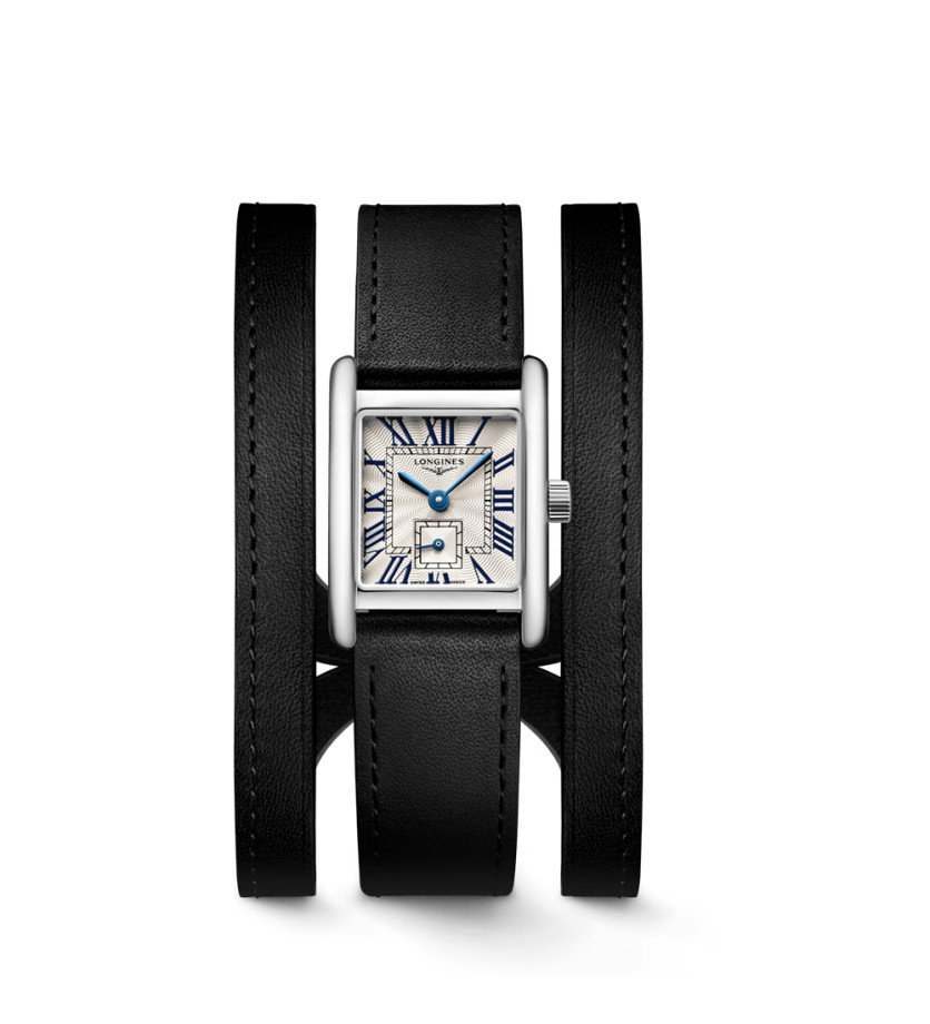 Montre Longines Mini Dolce Vita quartz cadran argenté bracelet cuir noir 21x29 mm
