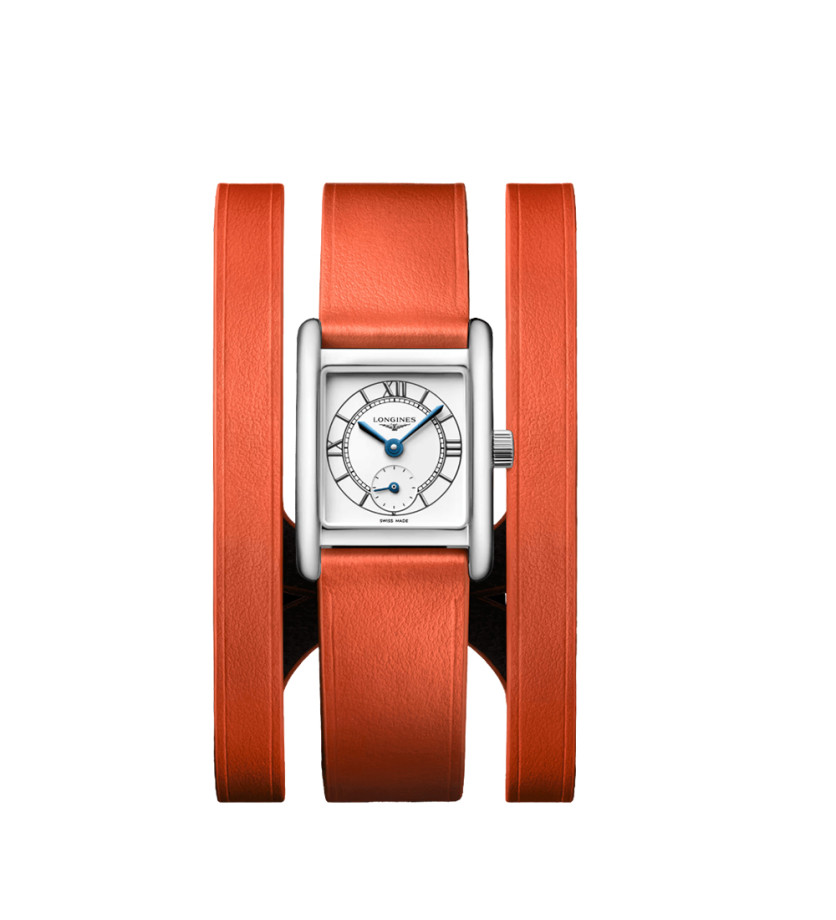 Montre Longines Mini Dolce Vita quartz cadran argent bracelet cuir orange 21,5 x 29 mm