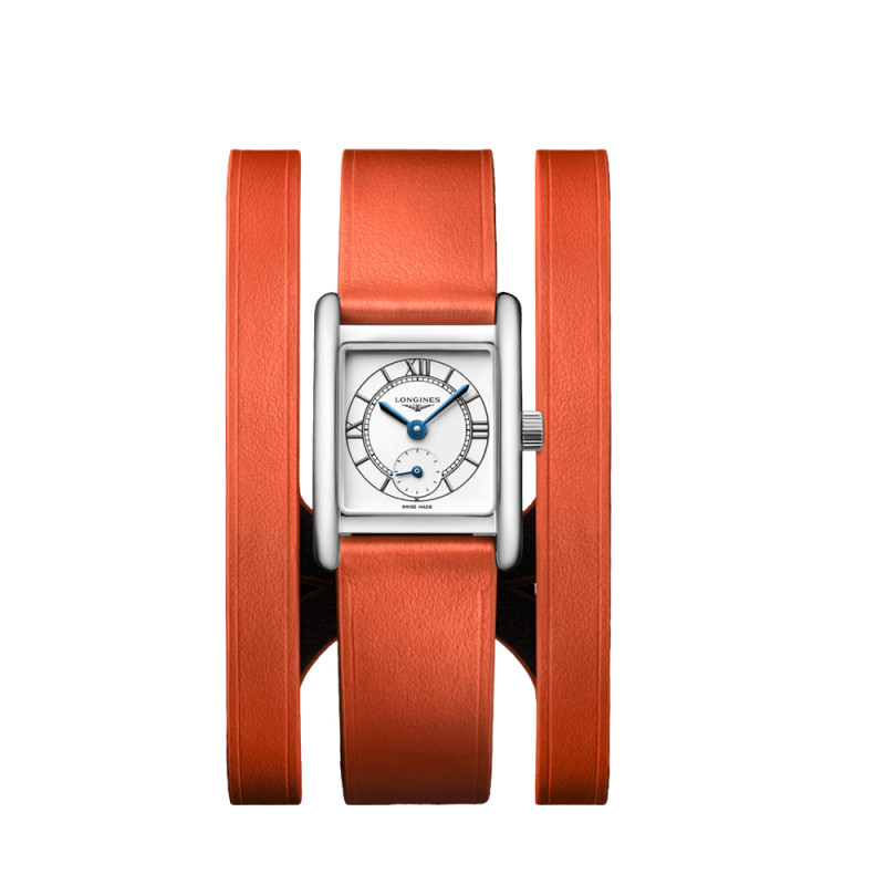 Montre Longines Mini Dolce Vita quartz cadran argent bracelet cuir orange 21,5 x 29 mm