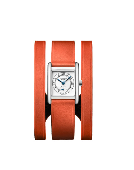 Montre Longines Mini Dolce Vita quartz cadran argent bracelet cuir orange 21,5 x 29 mm