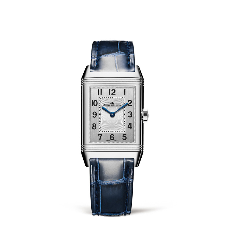 Montre Jaeger-Lecoultre Reverso Classic Duetto manuel cadran argent bracelet cuir bleu 40x24 mm