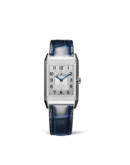 Montre Jaeger-Lecoultre Reverso Classic Duetto manuel cadran argent bracelet cuir bleu 40x24 mm