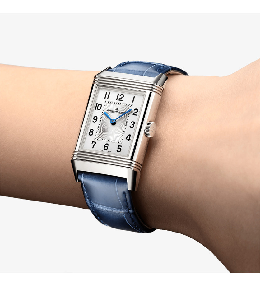 Montre Jaeger-Lecoultre Reverso Classic Duetto manuel cadran argent bracelet cuir bleu 40x24 mm