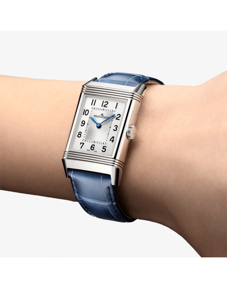 Montre Jaeger-Lecoultre Reverso Classic Duetto manuel cadran argent bracelet cuir bleu 40x24 mm