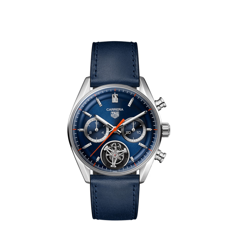 Montre TAG Heuer Carrera Chronograph Tourbillon automatique cadran bleu bracelet cuir bleu 42 mm