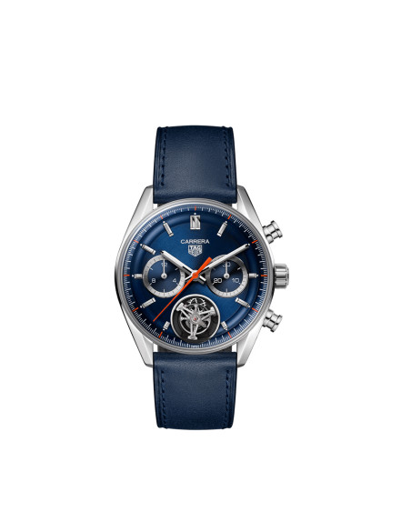 Montre TAG Heuer Carrera Chronograph Tourbillon automatique cadran bleu bracelet cuir bleu 42 mm