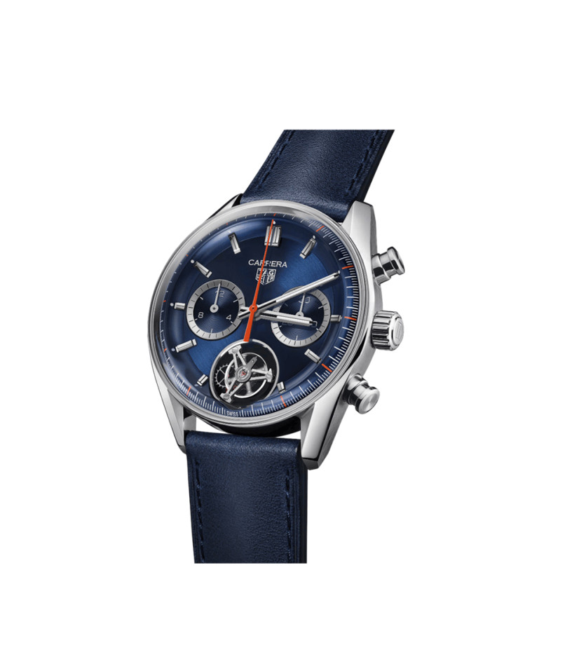 Montre TAG Heuer Carrera Chronograph Tourbillon automatique cadran bleu bracelet cuir bleu 42 mm