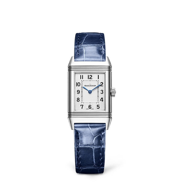 Montre Jaeger-Lecoultre Reverso Classic Monoface quartz cadran argent bracelet cuir bleu 36x21 mm