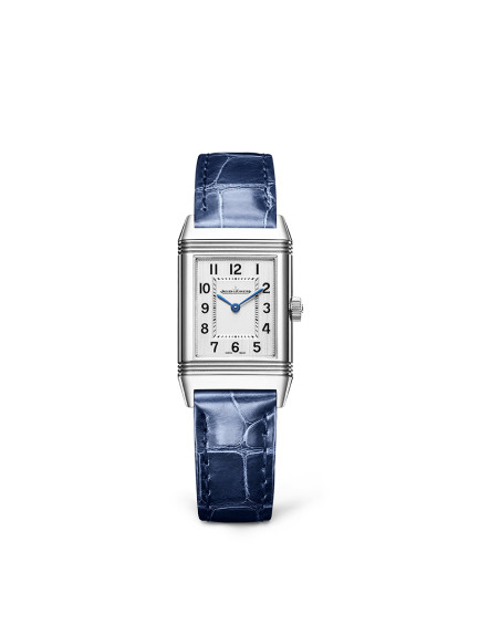 Montre Jaeger-Lecoultre Reverso Classic Monoface quartz cadran argent bracelet cuir bleu 36x21 mm