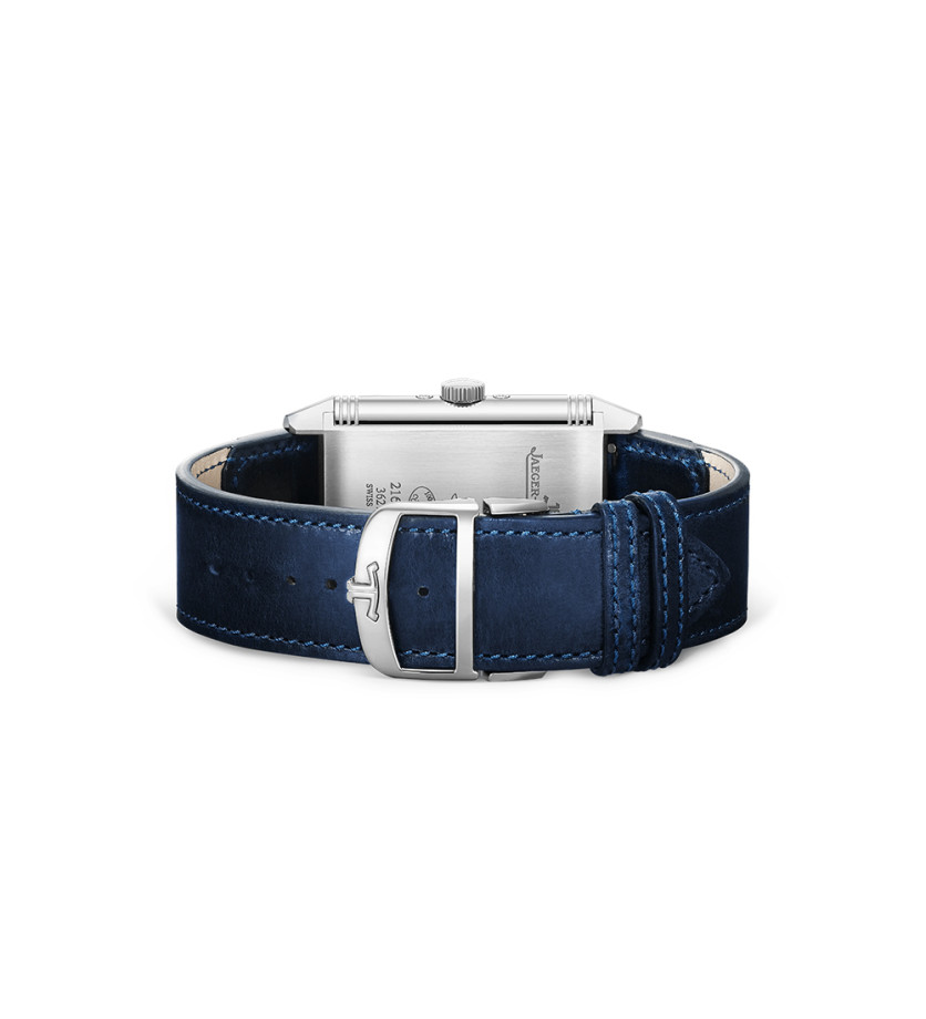 Montre Jaeger-Lecoultre Reverso Tribute Duoface Calendar manuel cadran argent bracelet tissu bleu 49x29 mm