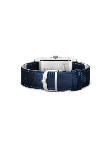 Montre Jaeger-Lecoultre Reverso Tribute Duoface Calendar manuel cadran argent bracelet tissu bleu 49x29 mm