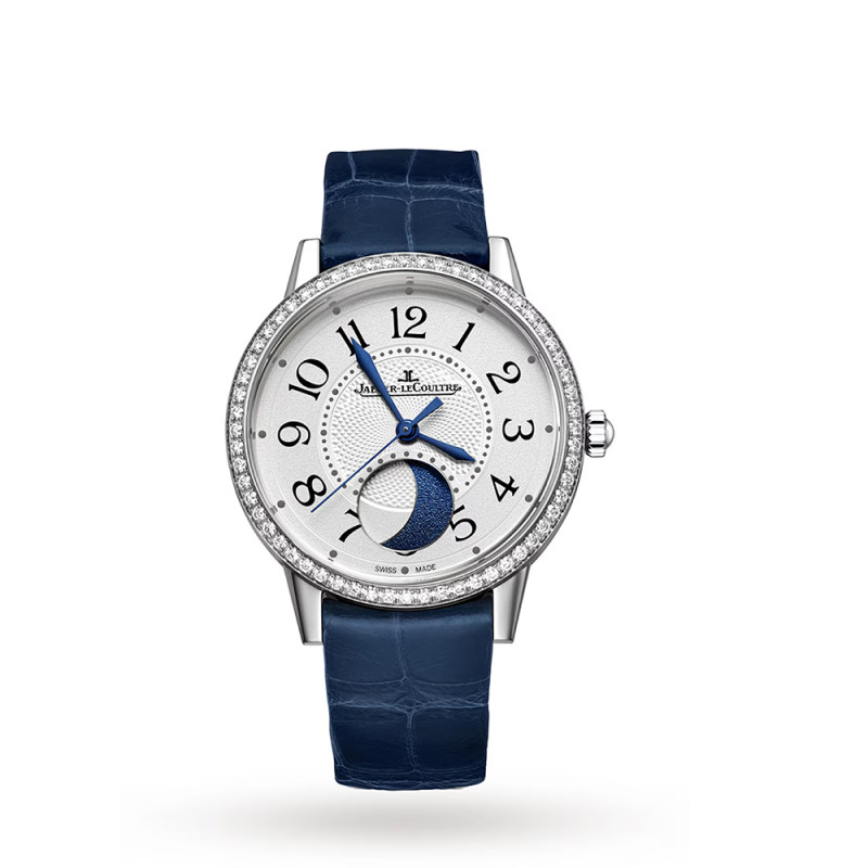 Montre Jaeger-Lecoultre Rendez-Vous Moon Medium automatique cadran argent bracelet cuir bleu 34 mm