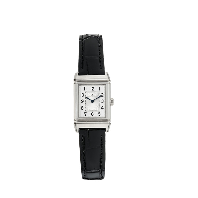 Montre Jaeger-Lecoultre Reverso Classic Small quartz cadran argent bracelet cuir noir 30x21 mm