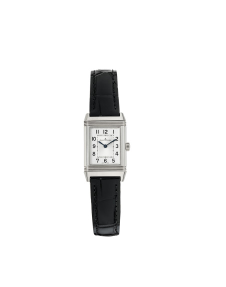 Montre Jaeger-Lecoultre Reverso Classic Small quartz cadran argent bracelet cuir noir 30x21 mm