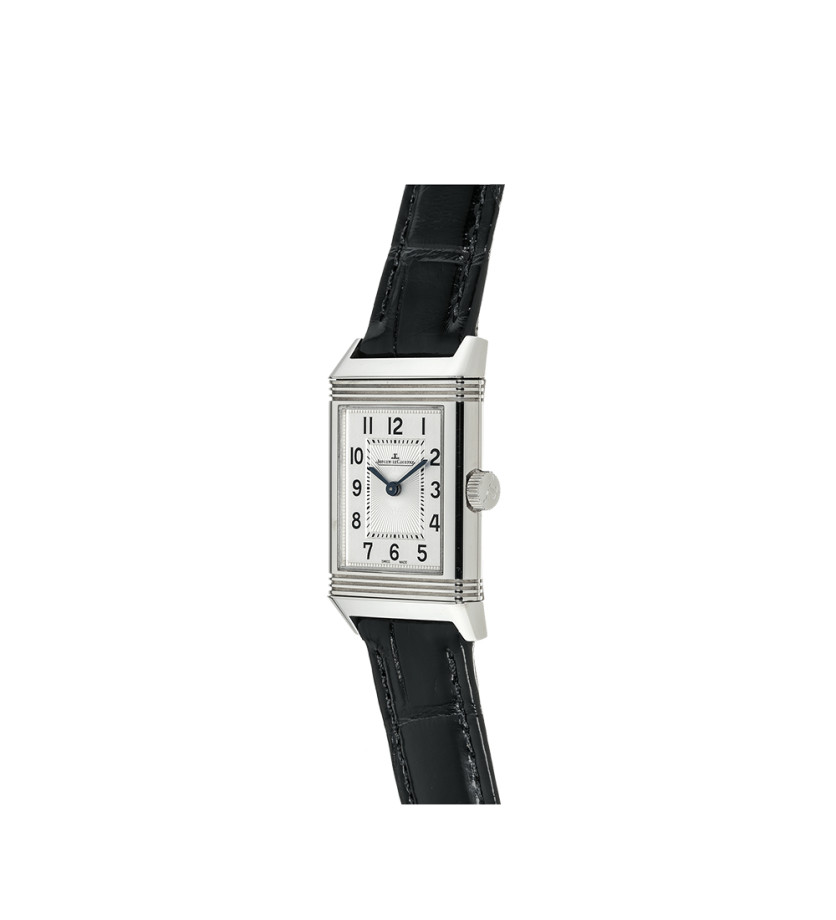 Montre Jaeger-Lecoultre Reverso Classic Small quartz cadran argent bracelet cuir noir 30x21 mm