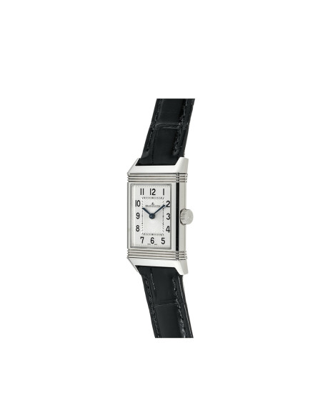 Montre Jaeger-Lecoultre Reverso Classic Small quartz cadran argent bracelet cuir noir 30x21 mm