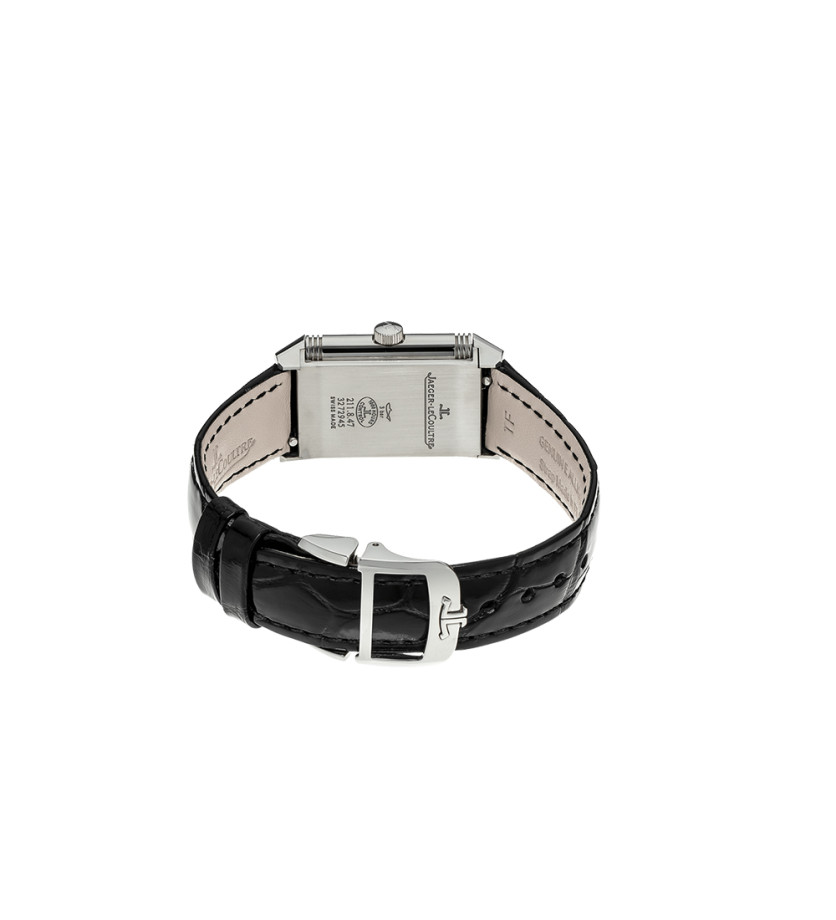 Montre Jaeger-Lecoultre Reverso Classic Small quartz cadran argent bracelet cuir noir 30x21 mm