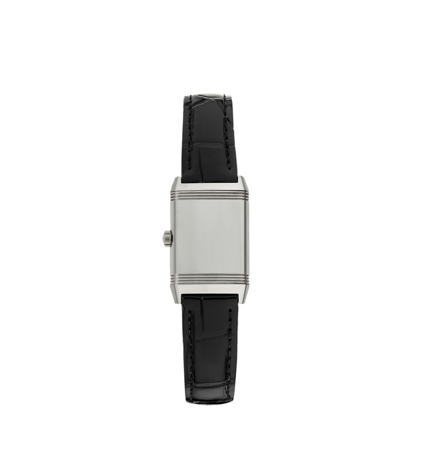 Montre Jaeger-Lecoultre Reverso Classic Small quartz cadran argent bracelet cuir noir 30x21 mm