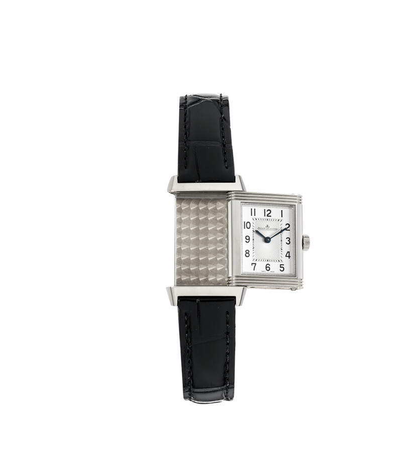 Montre Jaeger-Lecoultre Reverso Classic Small quartz cadran argent bracelet cuir noir 30x21 mm