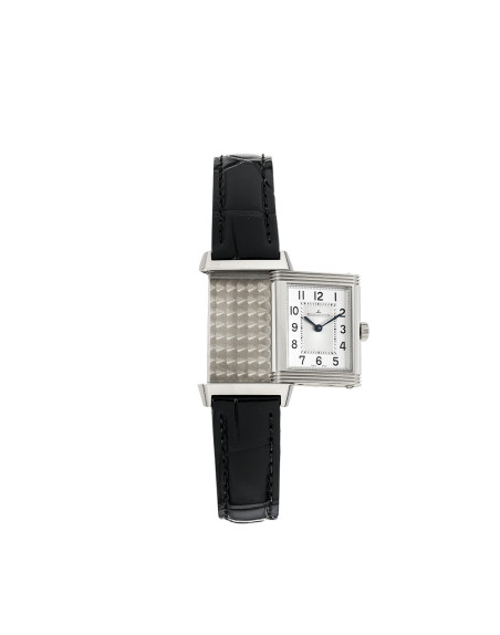 Montre Jaeger-Lecoultre Reverso Classic Small quartz cadran argent bracelet cuir noir 30x21 mm