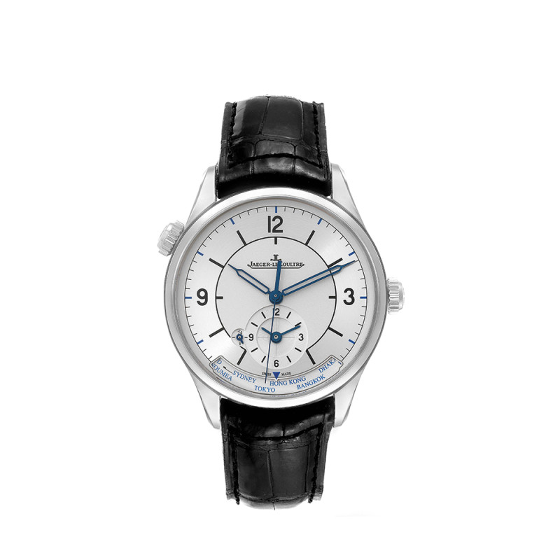 Montre Jaeger-Lecoultre Master Geographic automatique cadran argent bracelet cuir noir 39 mm