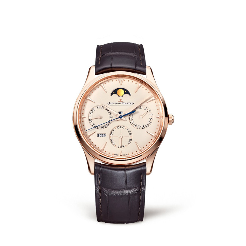 Montre Jaeger-Lecoultre Master Ultra Thin Perpetual Calendar automatique cadran beige bracelet cuir noir 39 mm