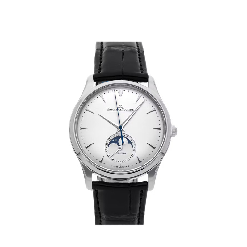 Montre Jaeger-Lecoultre Master Ultra Thin Phase de Lune automatique cadran argent bracelet cuir noir 39 mm