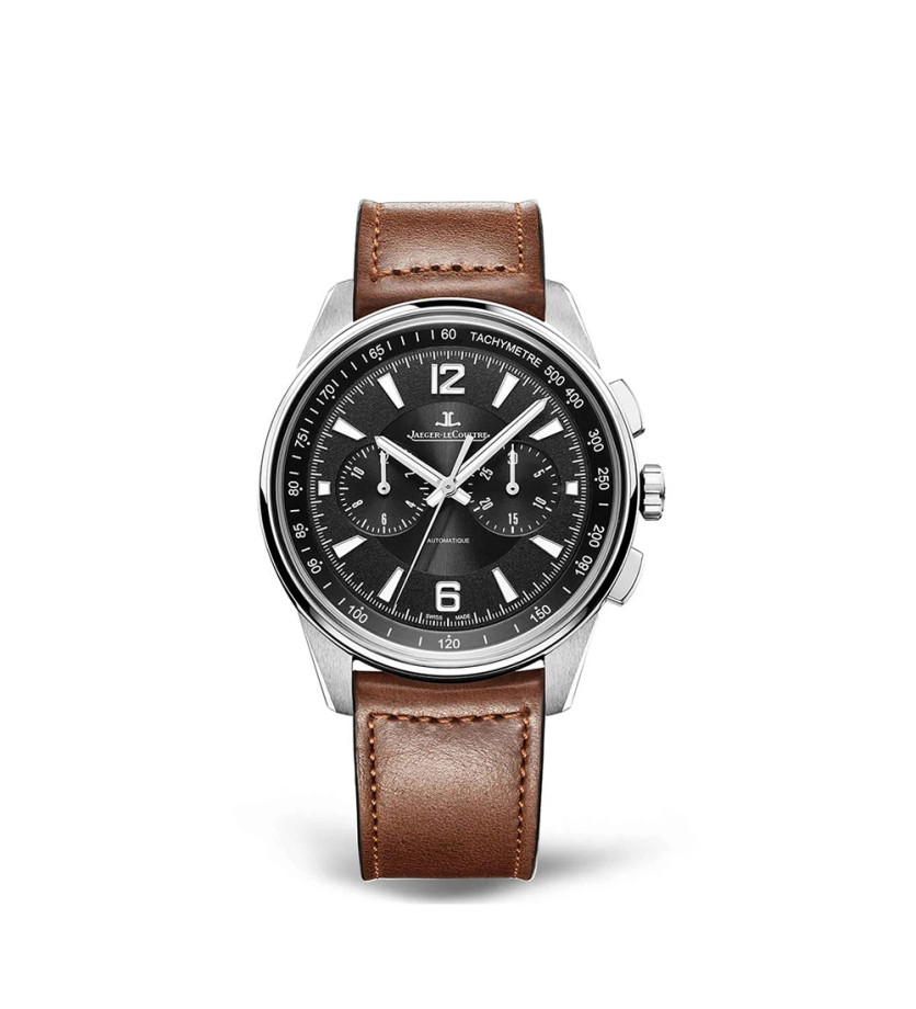 Montre Jaeger-Lecoultre Polaris Chronographe automatique cadran noir bracelet cuir marron 42 mm