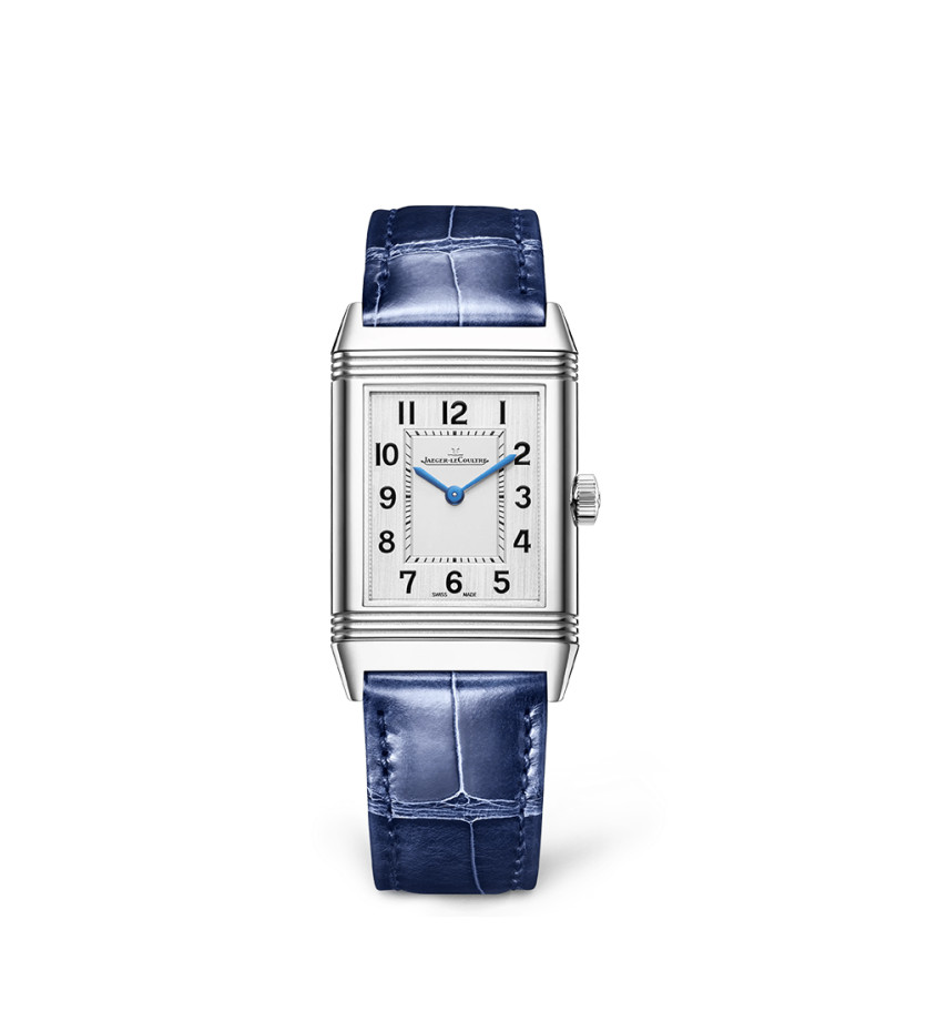 Montre Jaeger-Lecoultre Reverso Classic Monoface quartz cadran argent bracelet cuir bleu 40x24 mm
