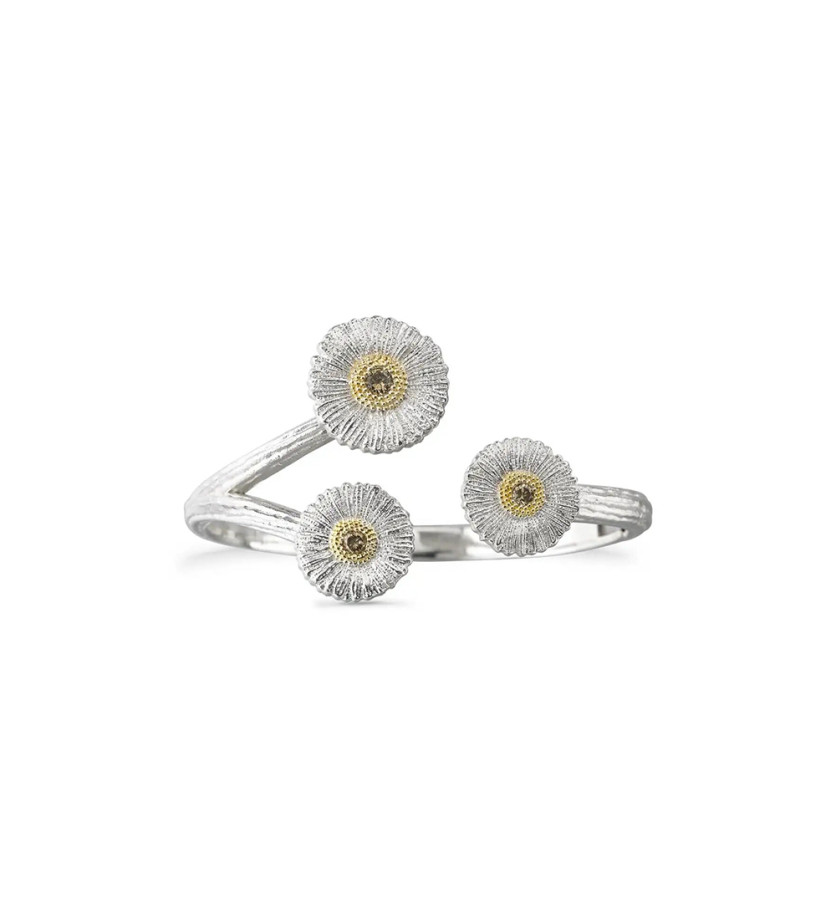 Bracelet jonc ouvert Blossoms Marguerite 3 motifs argent, vermeil et diamants fancy