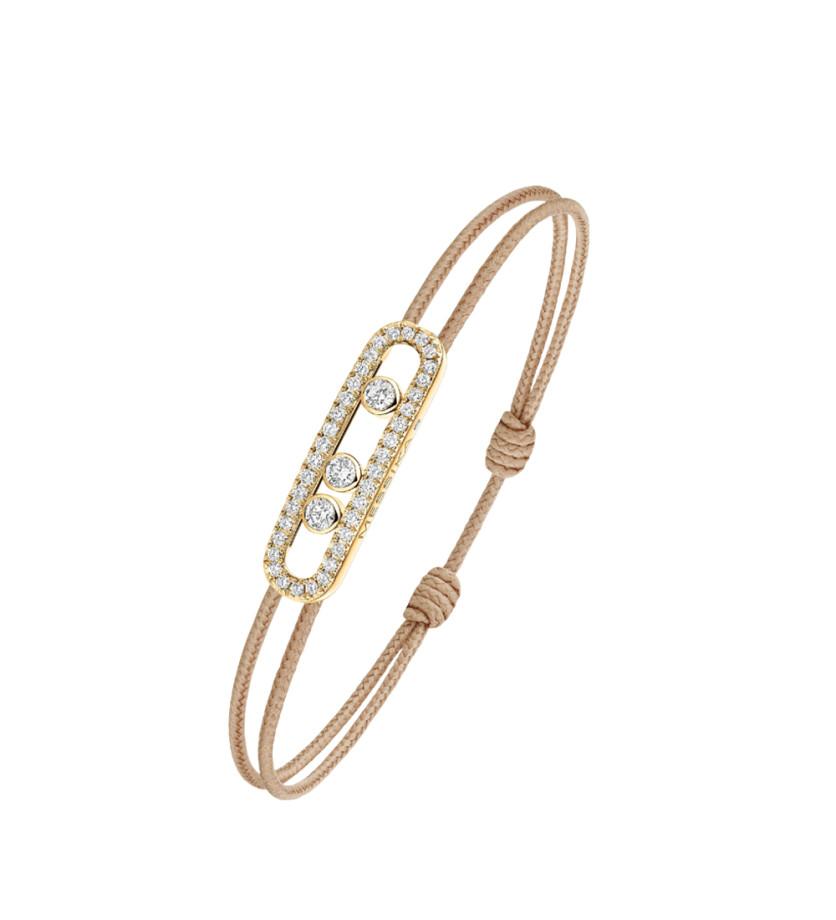 Bracelet Messika CARE(S) or jaune pavé diamants cordon beige