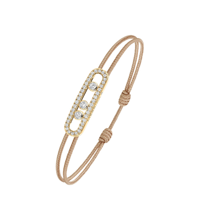 Bracelet Messika CARE(S) or jaune pavé diamants cordon beige